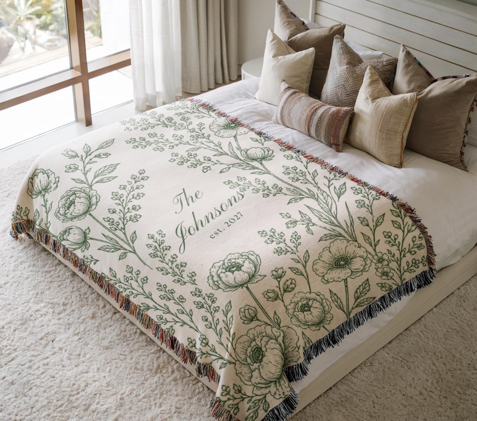 Personalized Woven Blanket, Cotton Anniversary Gift For Couple, Custom Wedding Family Name Blanket, Engagement Or Bridal Shower Gift - 50" x 60", Forest Green