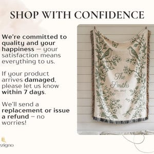 May include: A cream-colored throw blanket with a floral and bird design. The blanket features the text "The Smiths est. 2027". The blanket is hanging on a white wooden wall. The text "SHOP WITH CONFIDENCE" is at the top.