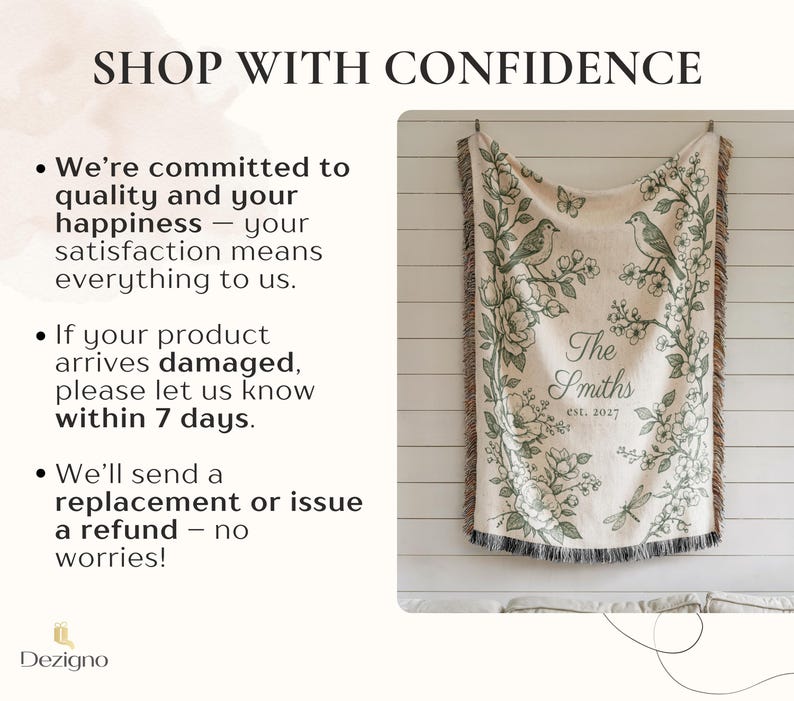May include: A cream-colored throw blanket with a floral and bird design. The blanket features the text "The Smiths est. 2027". The blanket is hanging on a white wooden wall. The text "SHOP WITH CONFIDENCE" is at the top.