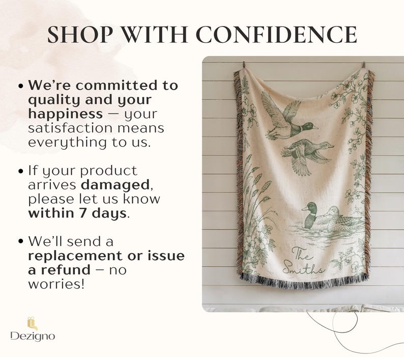 May include: A beige throw blanket with a green duck illustration and fringe trim. The blanket features the text "The Smiths" and the words "Shop with Confidence". The blanket is hanging on a white wooden wall.