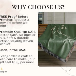 May include: A green woven blanket with the text "The Williams est. 2021" in white script. The blanket has a fringe trim and is draped over a wooden bench. The image also includes text that says "WHY CHOOSE US?"