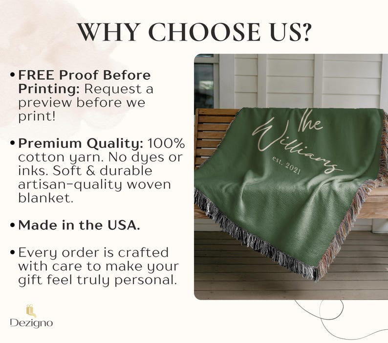 May include: A green woven blanket with the text "The Williams est. 2021" in white script. The blanket has a fringe trim and is draped over a wooden bench. The image also includes text that says "WHY CHOOSE US?"