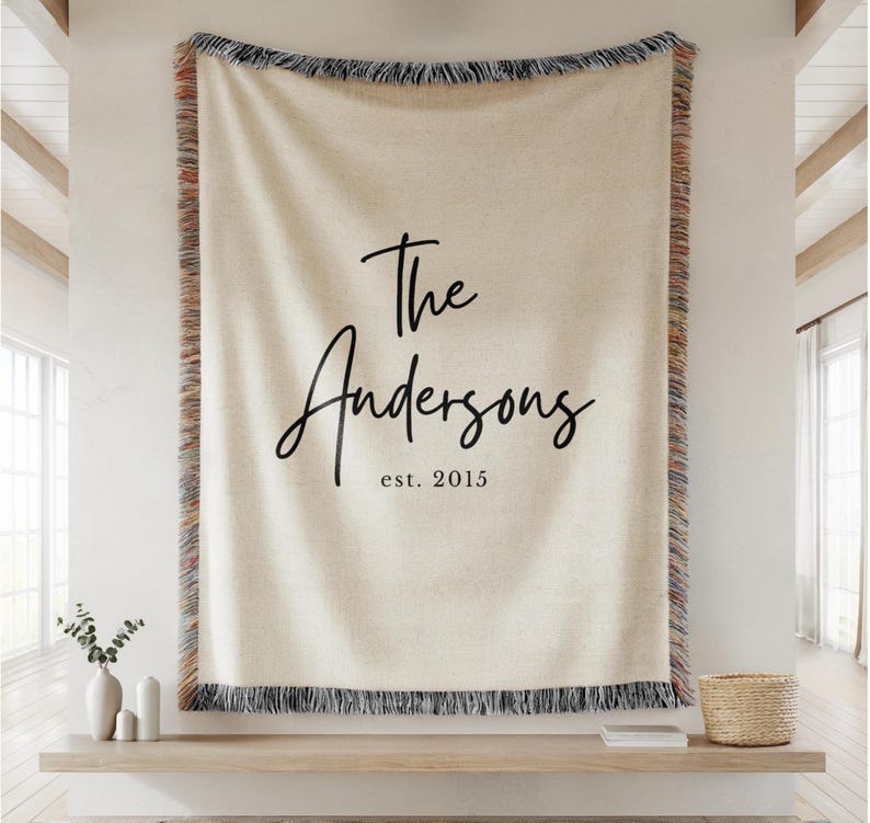 Personalized Family Name Woven Blanket, Custom Throw With Last Name and Est Year, Wedding Gift For Couple, Cotton Anniversary Gift
