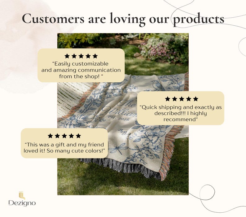 May include: A cream-colored throw blanket with a floral and bird design in blue. The blanket has a fringed edge and the text "The William est. 2026". Customer reviews are displayed above the blanket.
