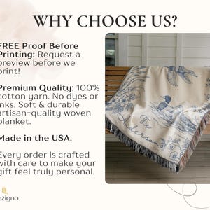 May include: Cream-colored woven blanket with a blue duck design and fringe trim. The blanket is draped over a wooden bench. The text "The Andersons" is visible on the blanket. The text "WHY CHOOSE US?" is at the top of the image.