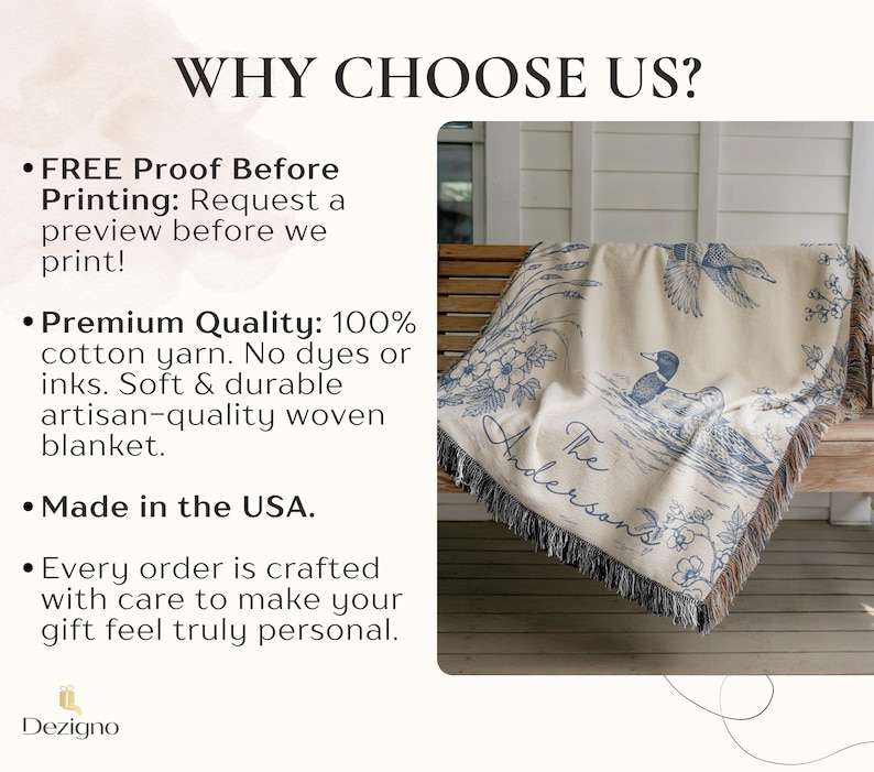 May include: Cream-colored woven blanket with a blue duck design and fringe trim. The blanket is draped over a wooden bench. The text "The Andersons" is visible on the blanket. The text "WHY CHOOSE US?" is at the top of the image.