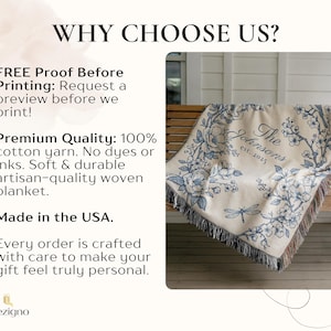 May include: A beige woven blanket with a floral design in light blue, draped over a wooden bench. The blanket features the text "The Johnsons est. 2025". The blanket has a fringed edge and is made in the USA.