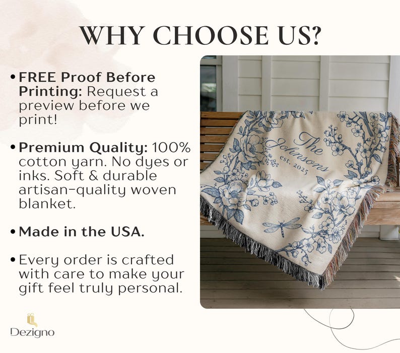 May include: A beige woven blanket with a floral design in light blue, draped over a wooden bench. The blanket features the text "The Johnsons est. 2025". The blanket has a fringed edge and is made in the USA.