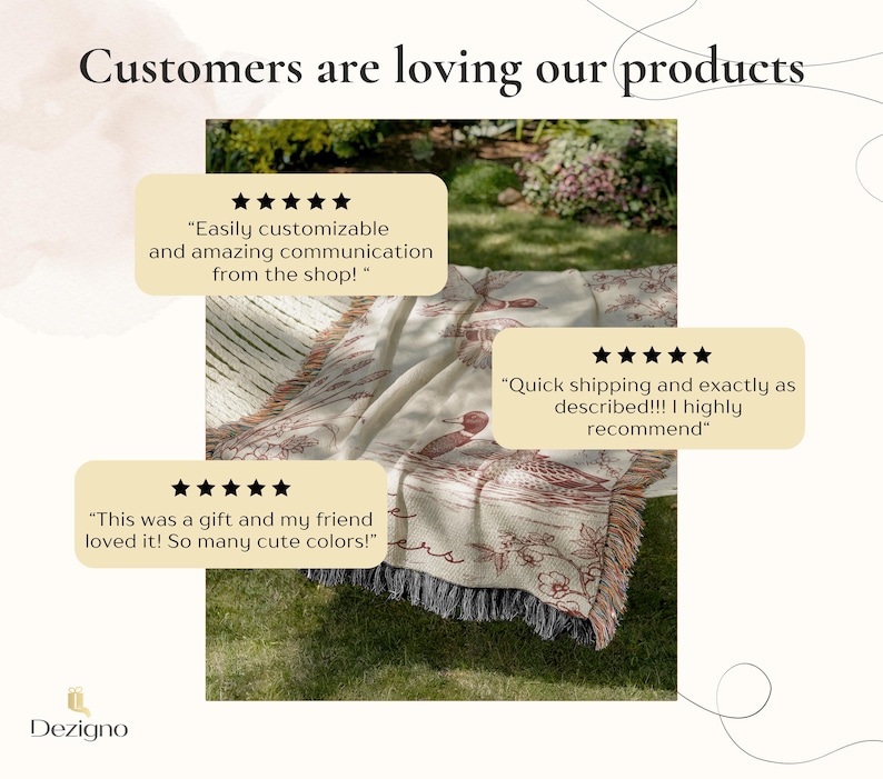 May include: A cream-colored throw blanket with a brown nature-themed design, displayed on green grass. The blanket has a fringed edge and text that reads "Customers are loving our products". Customer reviews are also displayed.