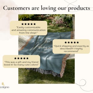 May include: A teal throw blanket with the text "The Johnson est. 2023" in a cursive font. The blanket has a fringed edge and is displayed outdoors. Customer reviews are shown in the image.