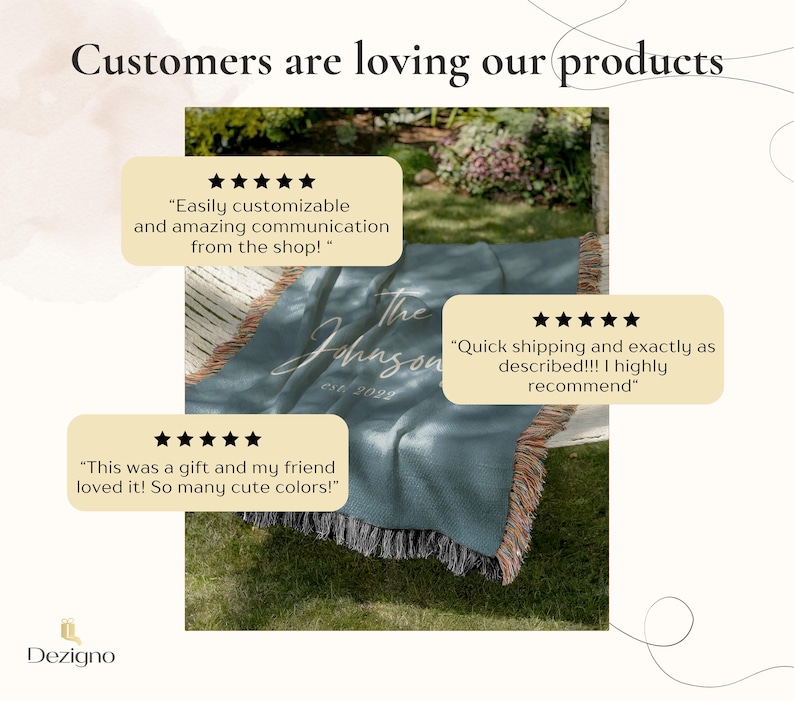 May include: A teal throw blanket with the text "The Johnson est. 2023" in a cursive font. The blanket has a fringed edge and is displayed outdoors. Customer reviews are shown in the image.