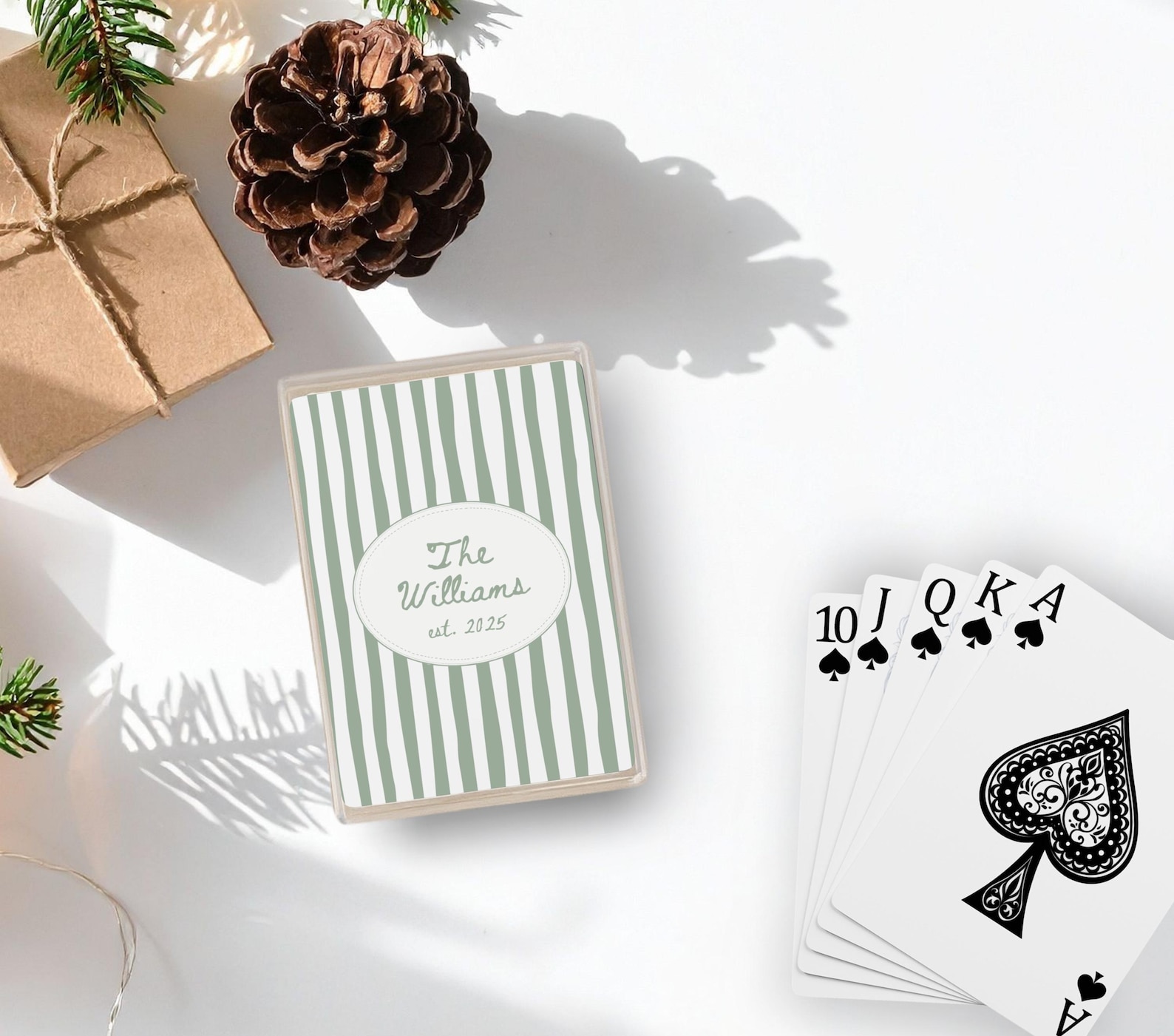 Personalized Family Name Playing Cards, Custom Last Name And Est Year Wedding Favor Decks, Wedding Gift For Couple, Anniversary Poker Cards - Sage