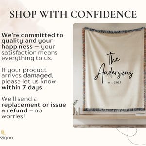 May include: A cream-colored woven throw blanket with black fringe and the text "The Andersons est. 2015" in a script font. The blanket is displayed on a wooden shelf. The image also includes the text "SHOP WITH CONFIDENCE".