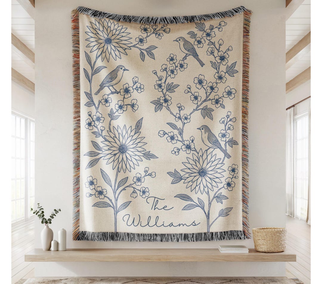 Personalized Woven Throw Blanket, Cotton Anniversary Gift For Couple, Custom Wedding Family Name Blanket, Engagement Or Bridal Shower - 37" x 52", Deep Denim Blue