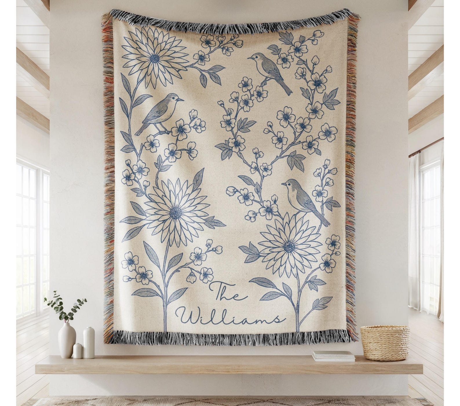 Personalized Woven Throw Blanket, Cotton Anniversary Gift For Couple, Custom Wedding Family Name Blanket, Engagement Or Bridal Shower - 60" x 80", Deep Denim Blue