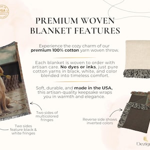 May include: Premium woven blankets with fringe detailing. The image shows three blankets: one with a dog, one cream-colored, and one dark brown. The blankets are made in the USA with 100% cotton yarn.