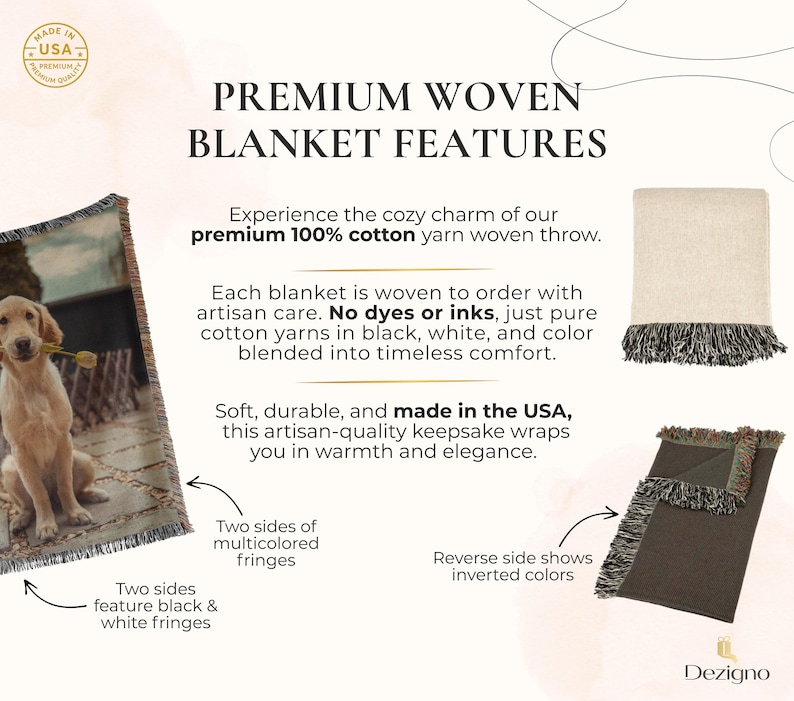 May include: Premium woven blankets with fringe detailing. The image shows three blankets: one with a dog, one cream-colored, and one dark brown. The blankets are made in the USA with 100% cotton yarn.