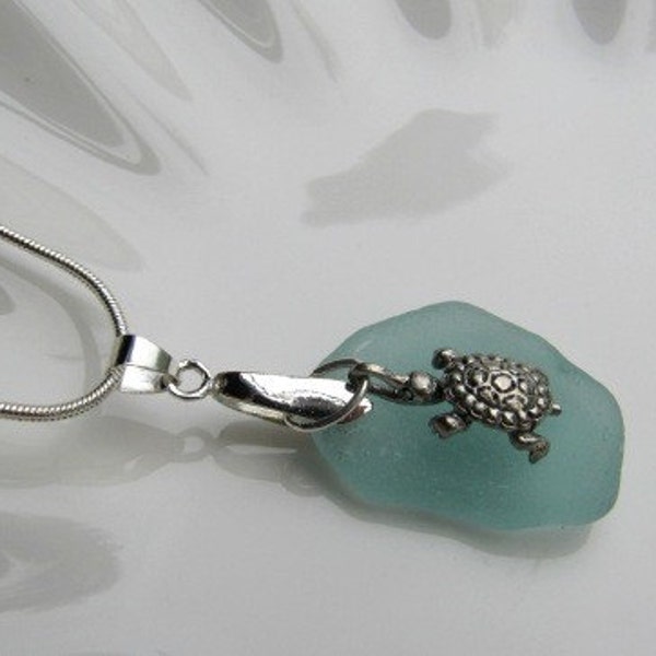 Sea glass  pendant necklace with silver turtle