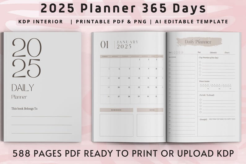 2025 Daily Planner 365day Printable Planner KDP Interior Pdf AI & PNG