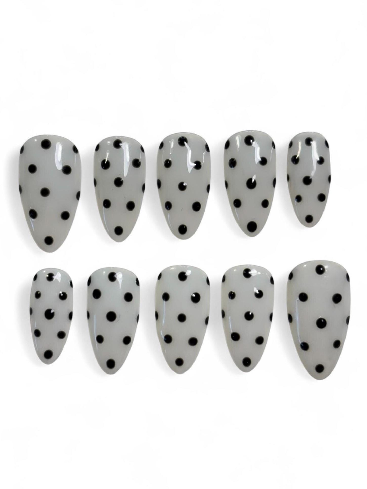 Coquette Polka Dot Milky White Black Summer Gel X Reusable Press on Nails | handpainted | y2k nails cool girl | trendy nails |gifts for her