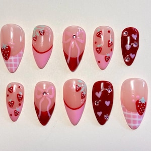 Strawberry Shortcake Valentine&#39;s Day Press on Nails | Love | Valentine nails | Heart nails| Handmade | Reusable Gel Nails | y2k | gift