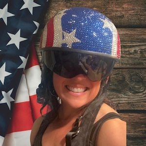 Custom Bling Hot Leathers T72 &#39;Blue Flag&#39; Advanced DOT Motorcycle Half Helmet with Drop Down Visor