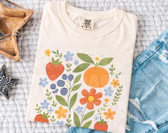 Comfort Colors® Fruits Graphic Tee Floral Collage Shirt Cute Farmers Market T-Shirt Women Citrus Botanical Fruity Gardener Farmer Gift 90s