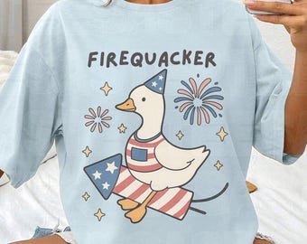Comfort Colors® Funny 4th of July Shirt Patriotic Goose Firequacker Silly Goose Tee Fourth of July USA Independence Day Shirt American Flag