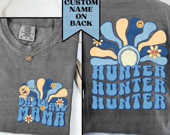 Custom Comfort Colors® Baseball Mom Shirt Personalized Baseball Mama TShirt Kid's Name Game Day Groovy Retro Cute Gifts for Baseball Moms