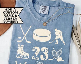 Comfort Colors® Custom Hockey Jersey Number Shirt Cute Personalized Hockey Mom Season Mama Kids Name Shirt Bow Tees TShirt Game Day Gifts