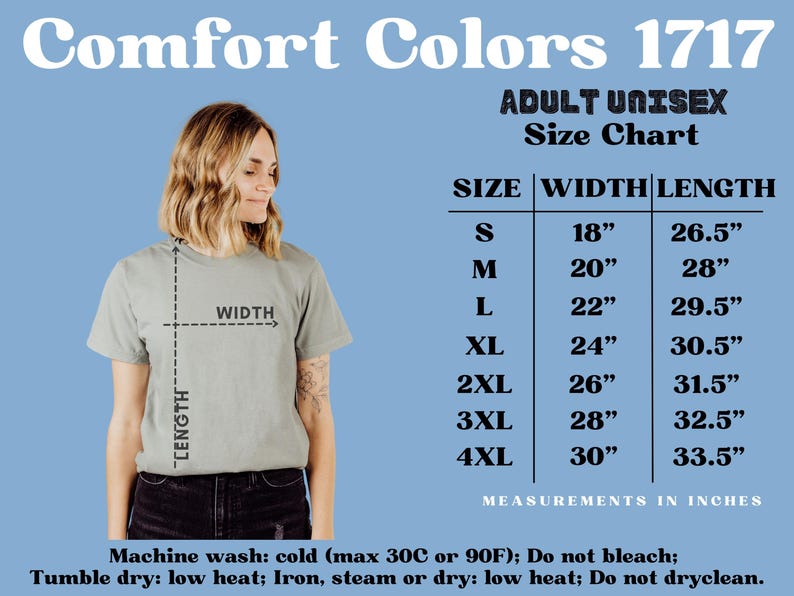 May include: A woman wearing a sage green t-shirt with a size chart for adult unisex t-shirts. The chart lists sizes S to 4XL with width and length measurements in inches. The text "Comfort Colors 1717" is at the top.