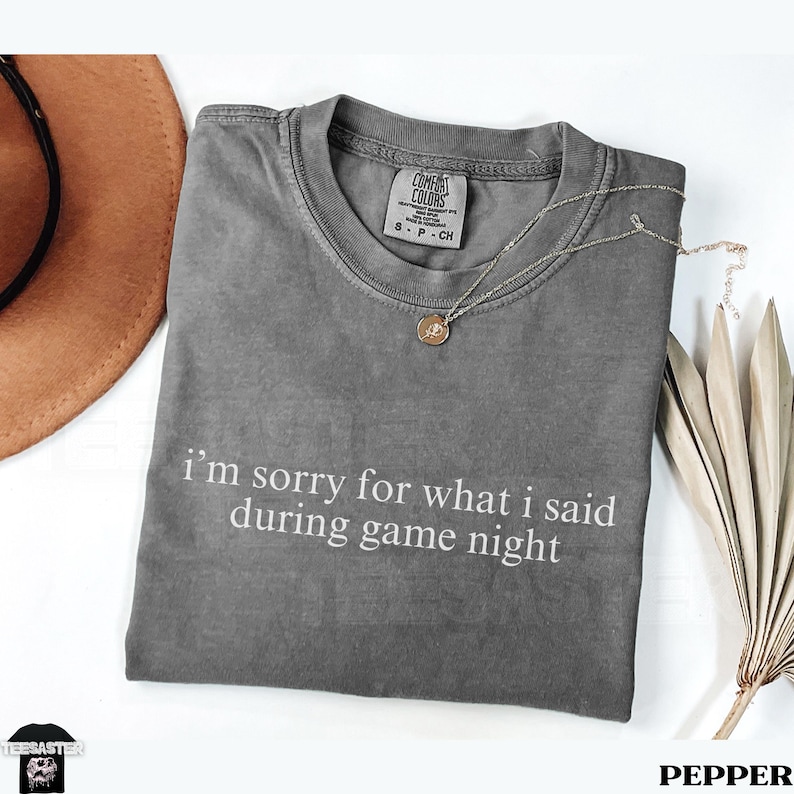 May include: A gray t-shirt with the text "i'm sorry for what i said during game night" in white. A silver necklace with a pendant rests on the shirt. A brown hat and dried plant are in the background.