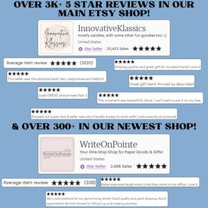 May include: Image displaying Etsy shop reviews. The top section features "InnovativeKlassics," a shop with over 20,000 sales and 5-star reviews, selling candles and other items. The bottom section highlights "WriteOnPointe," a paper goods shop with over 2,400 sales.
