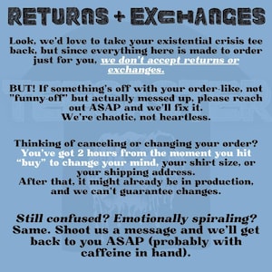 May include: A light blue graphic with the words "RETURNS + EXCHANGES" in a dark font. The text explains the shop's return policy, order changes, and contact information.
