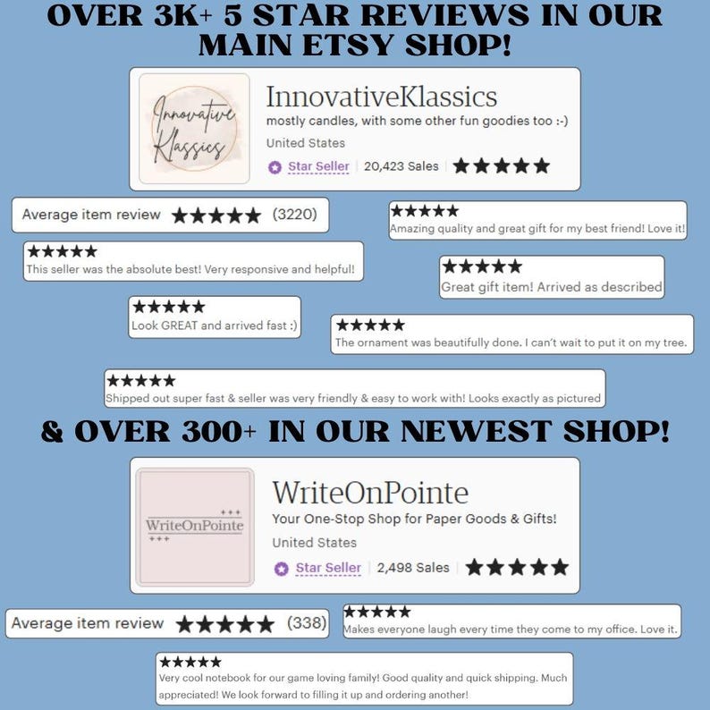 May include: Image showcasing positive Etsy shop reviews. The top section highlights "InnovativeKlassics" with over 3K+ 5-star reviews, featuring customer testimonials. The bottom section features "WriteOnPointe" with over 300+ reviews, also displaying customer feedback.