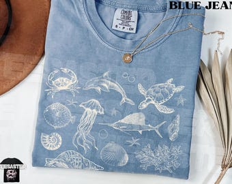 Vintage Sealife Shirt Comfort Colors® Minimalist Ocean Lover Gifts Marine Biologist Shirt 90s Vibe Fish Dolphin Shark Whale Sea Shells Tees