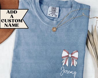 Comfort Colors® Custom Baseball Coquette Shirt with Name Cute Baseball Season Mama Kids Name Gifts Bow Tees T-Shirt Gift for Her Game Day