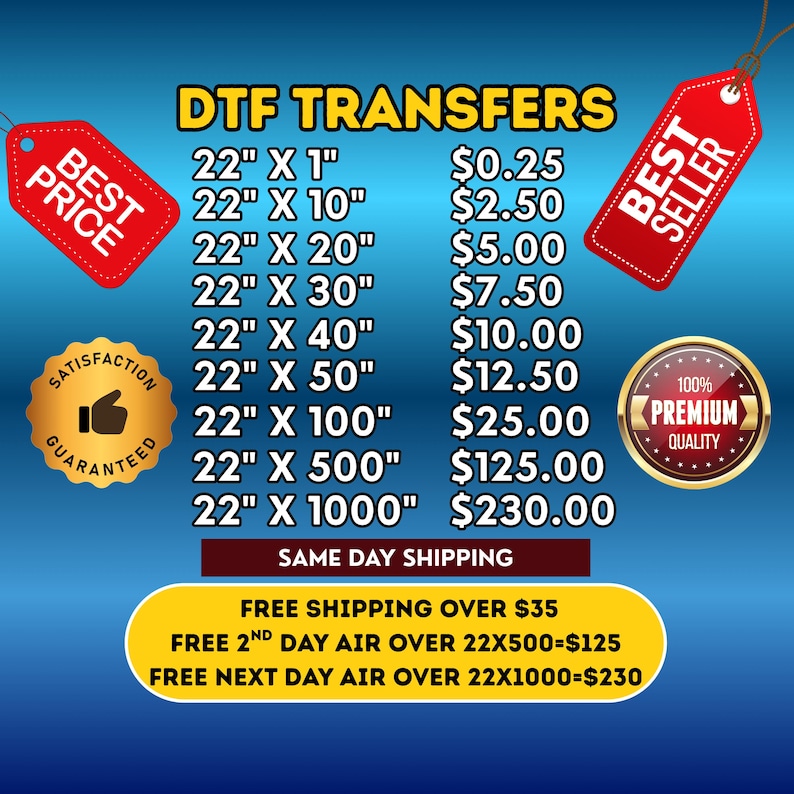 May include: A graphic featuring "DTF TRANSFERS" with size and price listings. Sizes range from 22" x 1" to 22" x 1000". Includes "Best Price", "Best Seller", "Satisfaction Guaranteed", and "Premium Quality" badges. The background is blue.