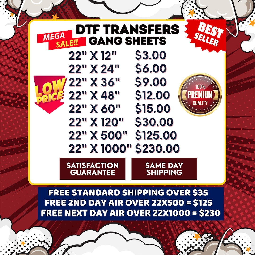 DTF Transfer, Custom Gang Sheets, Direct to Film Prints, Heat Transfers, Iron on Decals