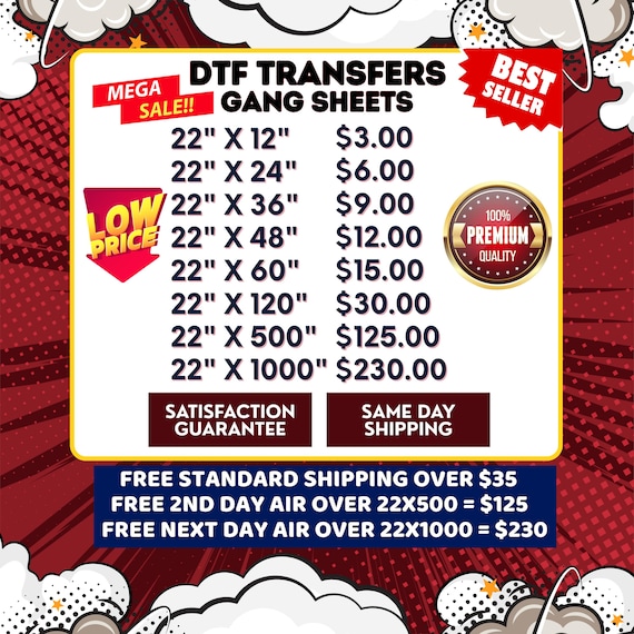 Custom DTF Transfer, Gang Sheets, Direct to Film Prints, Heat Transfers, Iron on Transfers