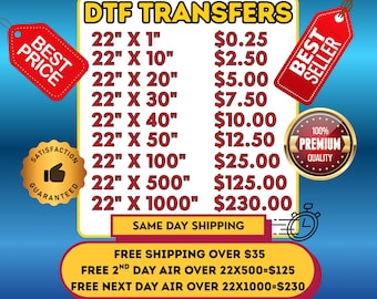 DTF Transfers, Gang Sheets, Direct to Film Prints, Press Ready Transfer, Instant Hot Peel