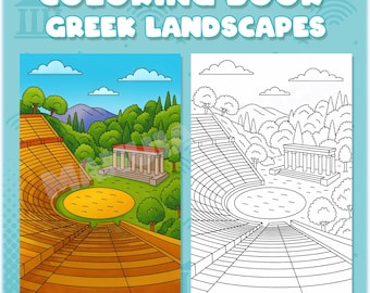 Greek Landscape Coloring Book – Printable PDF for All Ages & Skill Levels – Santorini, Athens, Islands and Ruins – Digital Coloring Pages