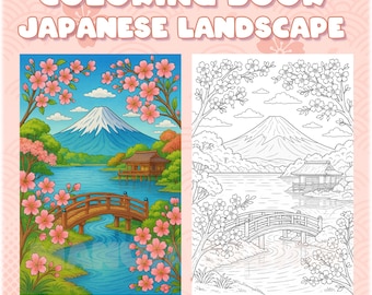 Japanese Landscape Coloring Book – Printable PDF for All Ages & Skill Levels – Zen Scenery Art – Digital Coloring Pages