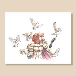 May include: Watercolor illustration of a woman with red hair surrounded by flying white doves. She wears a white and gold outfit with a red cape and black gloves. The artwork is on a white background.