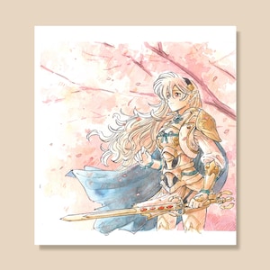 May include: Watercolor illustration of a character in golden armor, holding a sword. The character has long blonde hair and is set against a backdrop of pink cherry blossoms and a blue cape. The artwork has a soft, painterly style.