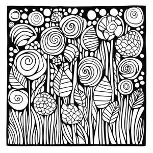 May include: Black and white line art illustration of a garden with flowers, leaves, and swirls. The design is intricate and detailed, creating a whimsical and organic feel.