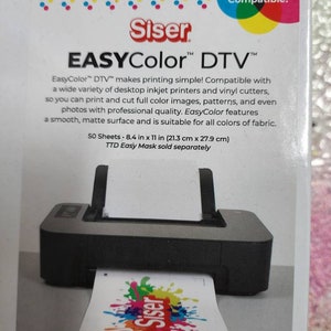 May include: A package of Siser EasyColor DTV printable heat transfer vinyl. The package is white with a colorful design and text that reads "Inkjet Printer Compatible!" and "EasyColor DTV". The package also includes a photo of a printer printing a sheet of the vinyl with a colorful design that reads "Siser".