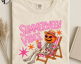Summerween Vibes T-Shirt, Spooky Beach Tee, Halloween Summer Shirt, Skeleton Vacation Top, Cute Skelly Graphic T-Shirt