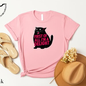 a pink t-shirt with a cat graphic and the text "FIRST OF ALL I'M A DELIGHT" printed on it, along with a pair of beige flip-flops and a tan hat.
