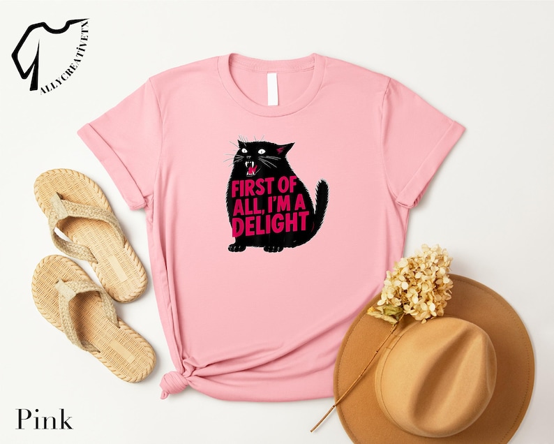 a pink t-shirt with a cat graphic and the text "FIRST OF ALL I'M A DELIGHT" printed on it, along with a pair of beige flip-flops and a tan hat.